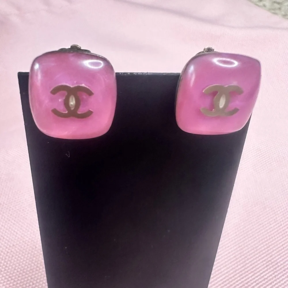 CHANEL Pink Square Clip On Earrings